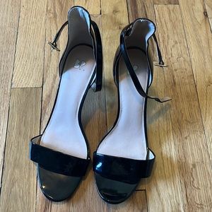 BP black patent leather sandal heels